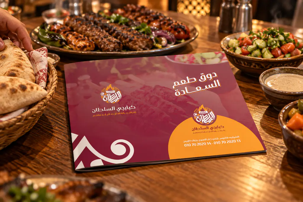 Kababgy Al-Sultan menu on a restaurant table with grilled dishes