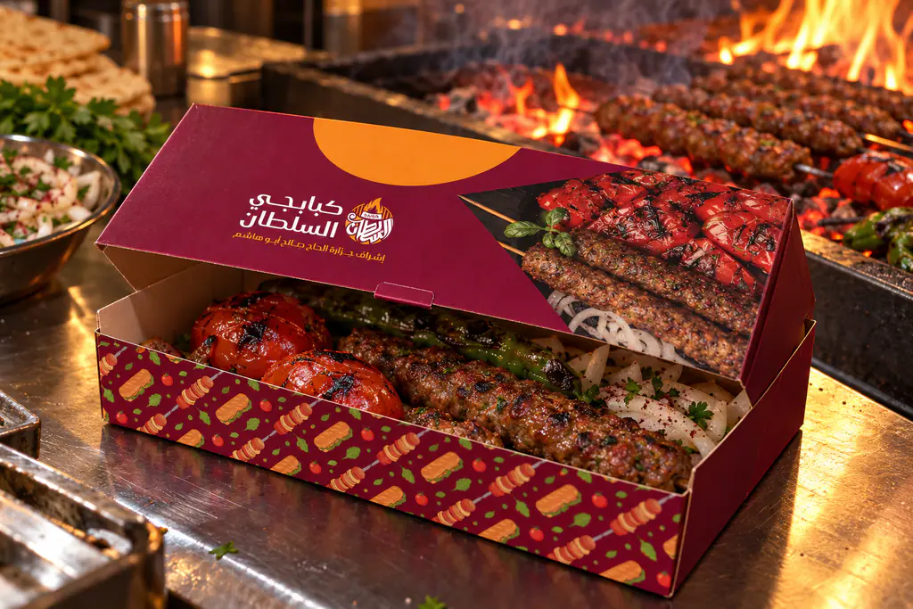 Kababgy Al-Sultan takeaway box with kofta beside the charcoal grill