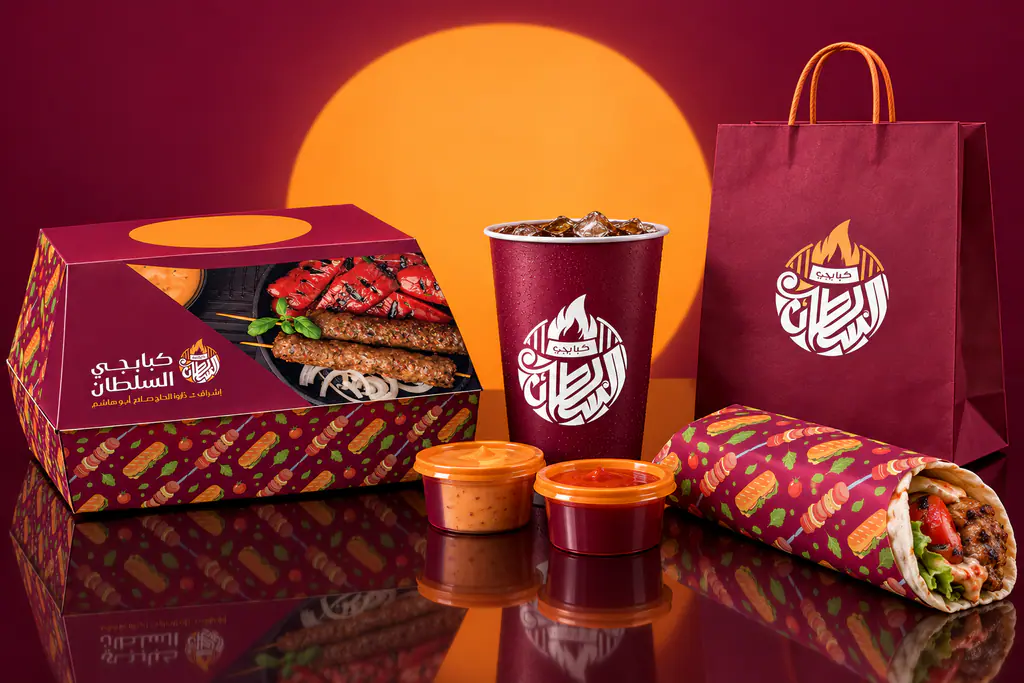 Kababgy Al-Sultan packaging line-up: box, cup, sauces, wrap and bag