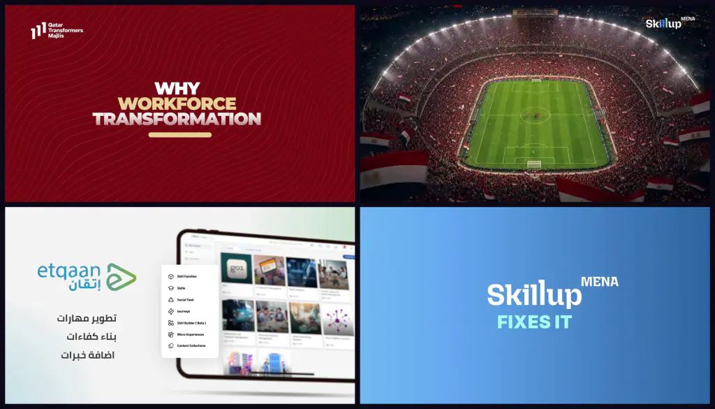 Four films in a grid: QTM, the Egypt tribute, Etqaan and SkillupOne